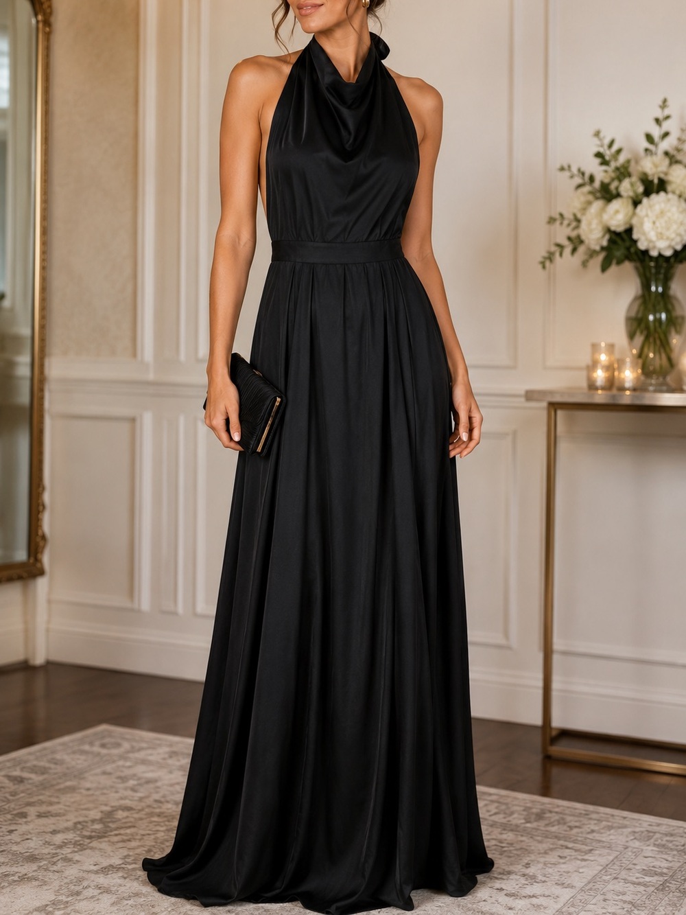 Bill Hallman Black Linen Blend Halter Maxi Dress Gown